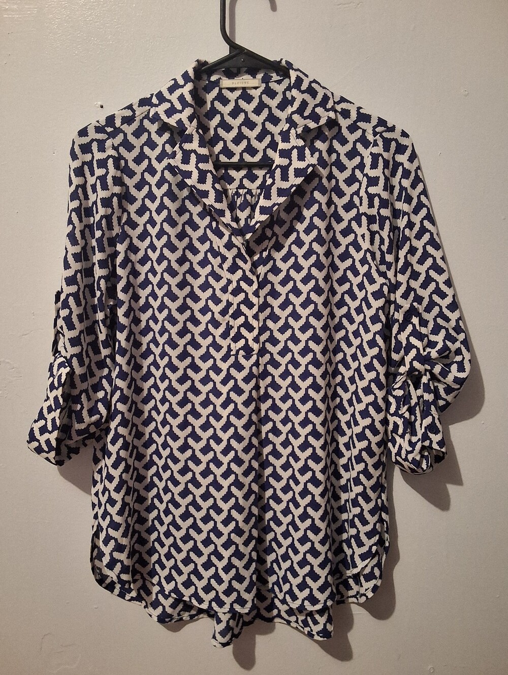 Pleione Navy and White Geometric Button-Down Blouse